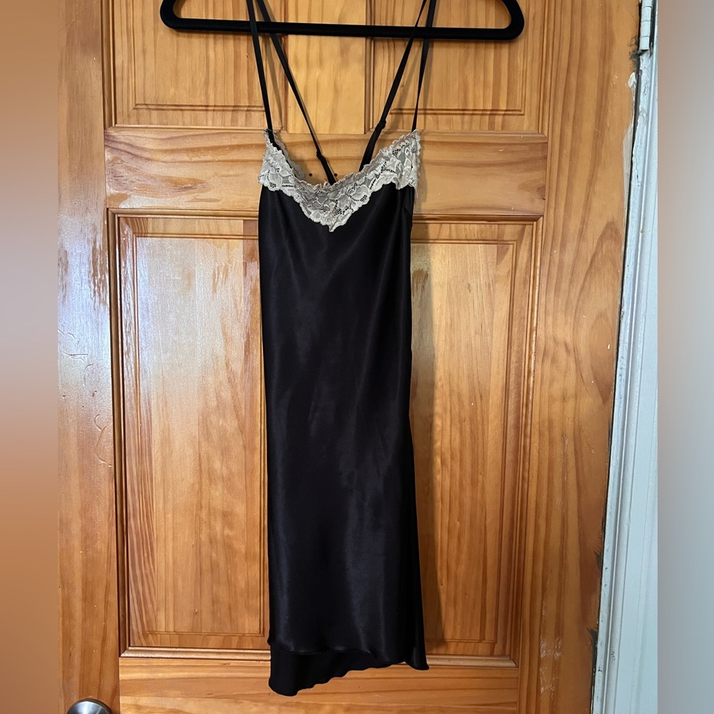 VRG GRL Black Satin Slip Dress with Lace Trim